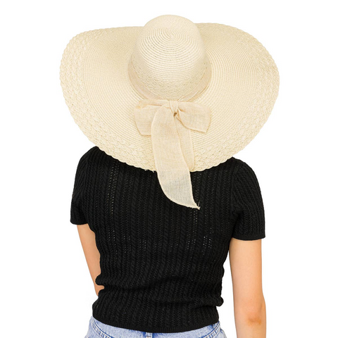 Cap Zone Scallop Hem Burlap Chiffon Bow Paper Straw Floppy Sun Hat